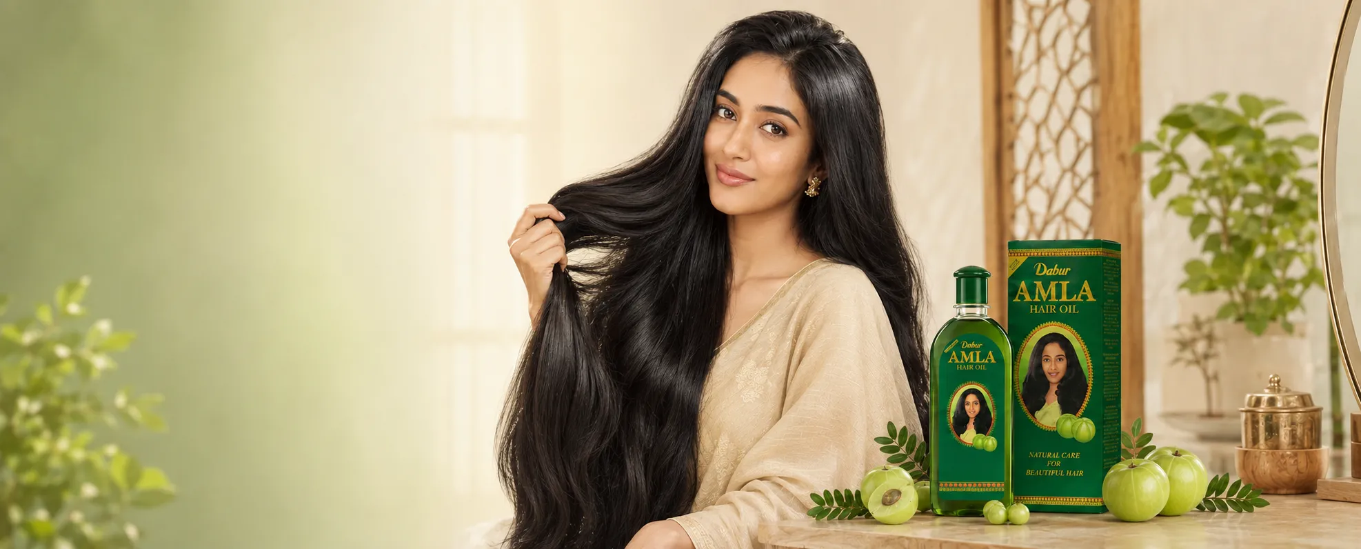 Femme indienne aux cheveux longs et brillants avec huile Dabur Amla - Ayurcomfort