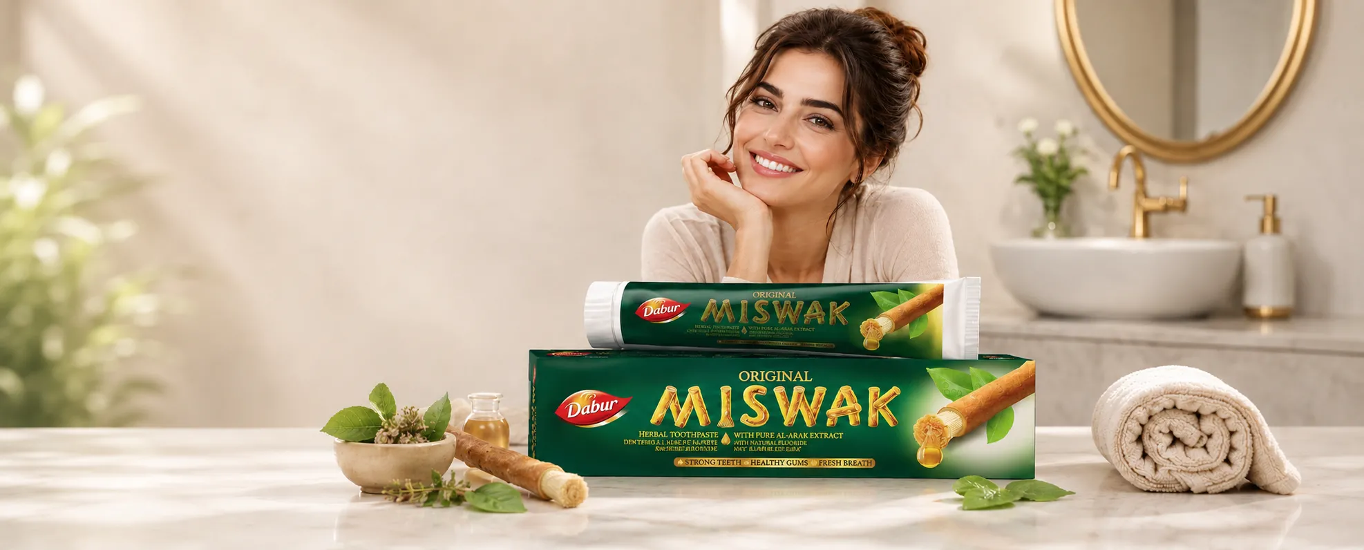 Dentifrice ayurvédique Miswak Dabur dans salle de bain - Ayurcomfort