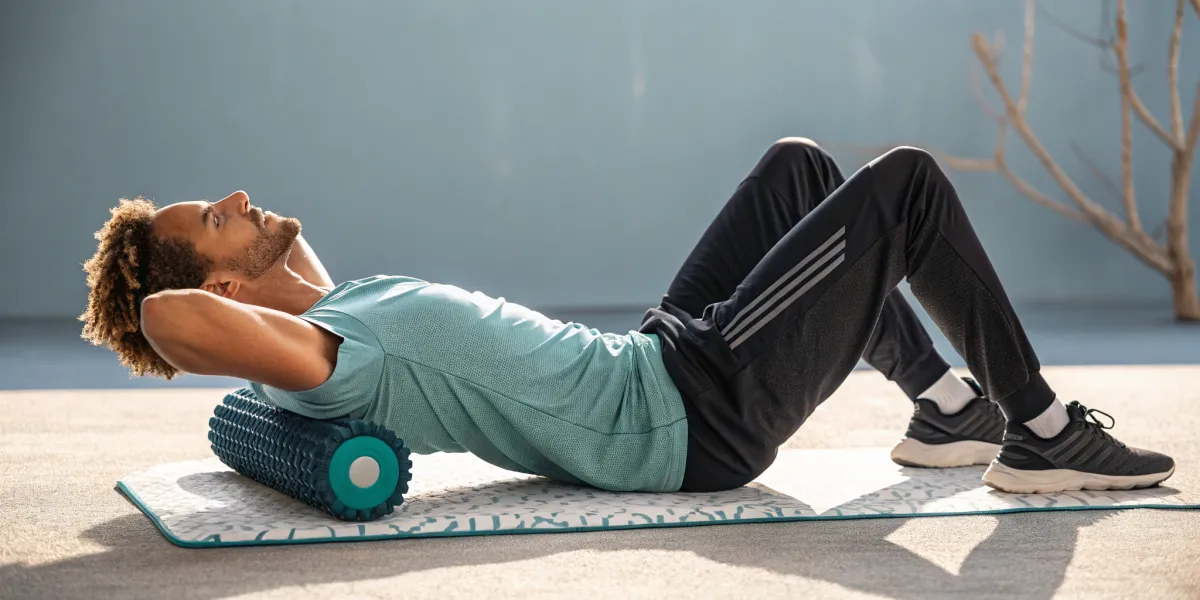 Homme allongé sur un tapis, utilisant un rouleau de massage sous son dos pour soulager les tensions musculaires et améliorer la récupération.