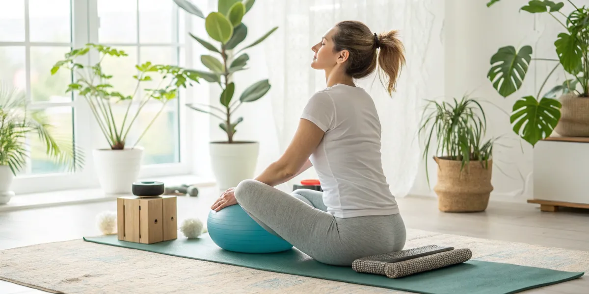 une femme assise sur un tapis de yoga utilisant u