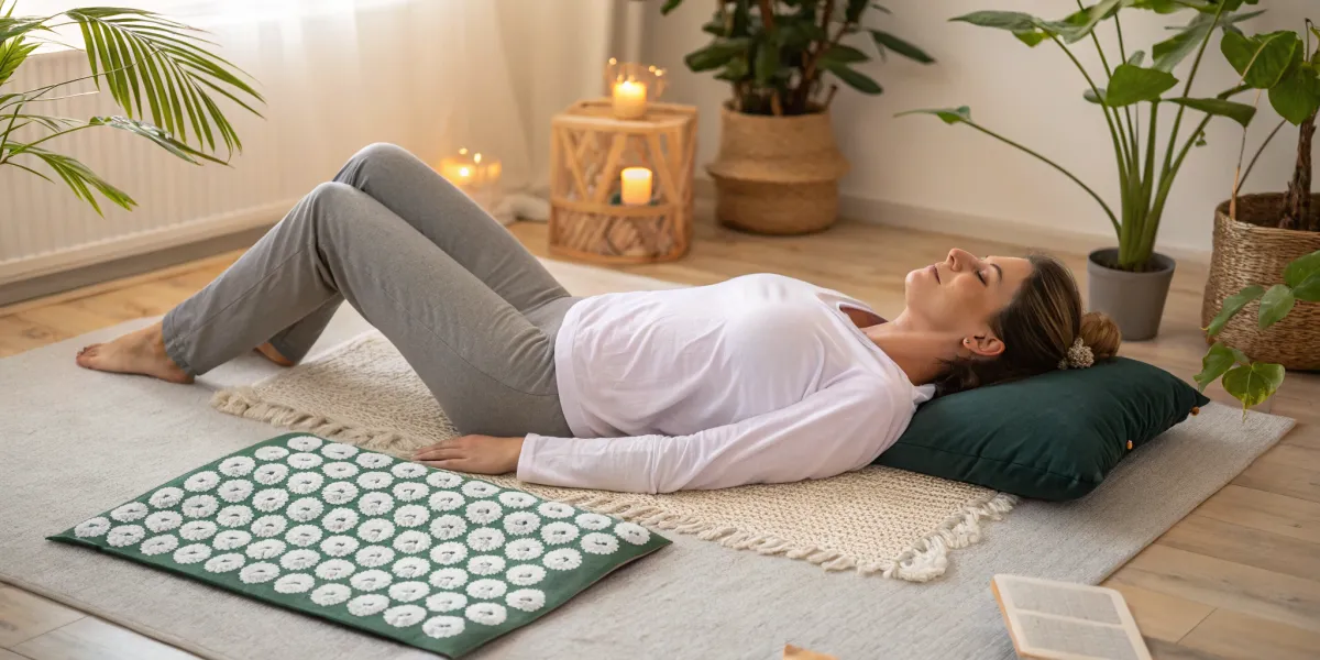 une femme d tendue allong e sur un tapis d acupres