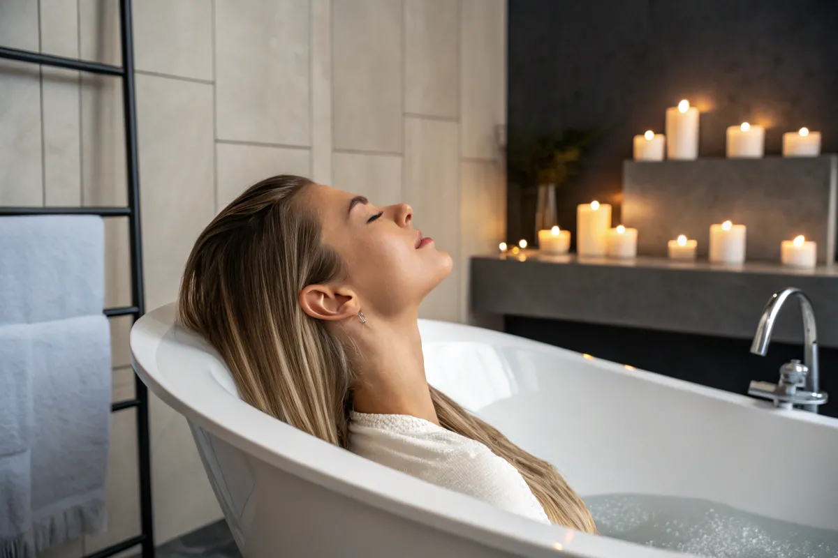 Femme détendue dans un bain chaud, utilisant des sels d'Epsom pour soulager les douleurs musculaires liées à la fibromyalgie.