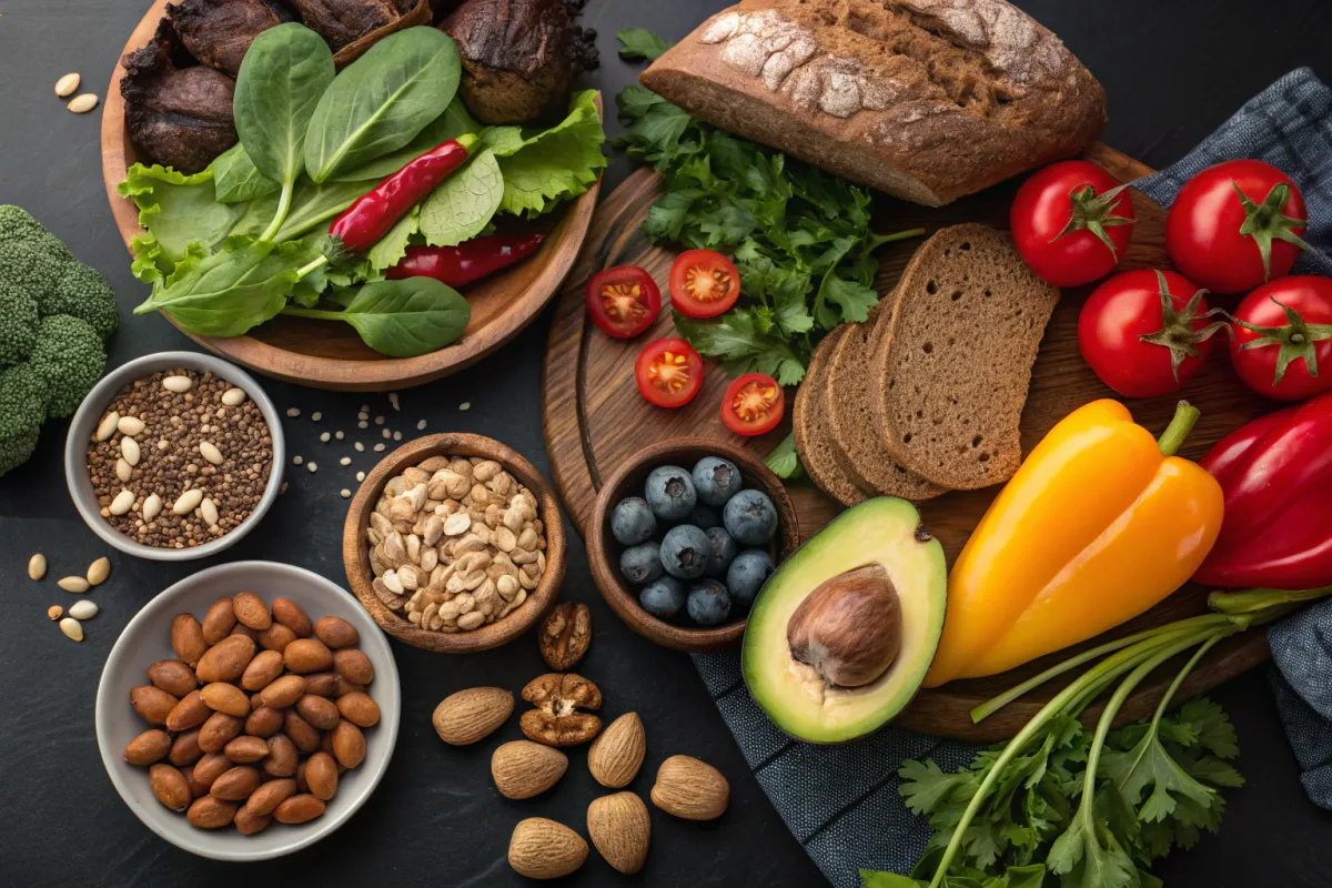 Assiette de fruits et légumes frais, céréales complètes et noix, favorisant une alimentation anti-inflammatoire pour réduire les douleurs de fibromyalgie.