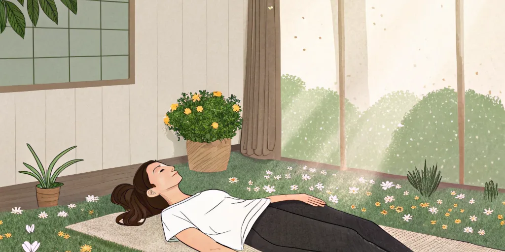 femme allong e sur un tapis champ de fleurs en pos