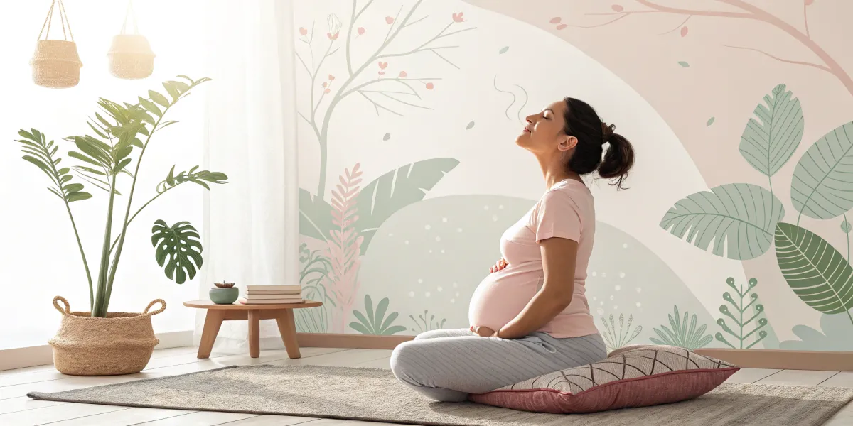 une femme enceinte assise en tailleur dans un salo
