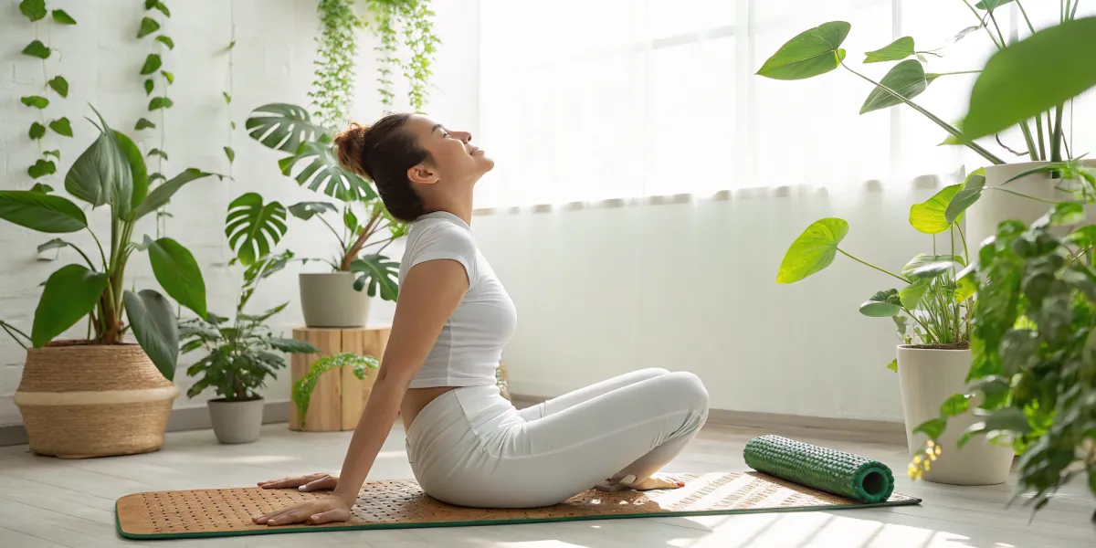 une femme utilisant un tapis d acupression sur le (1)