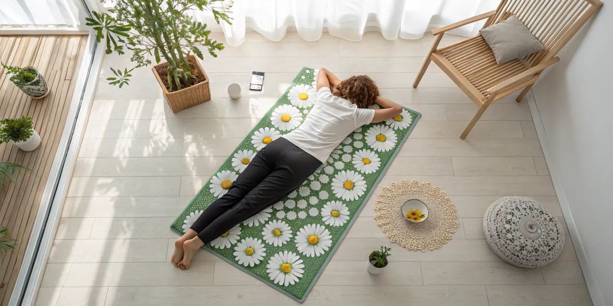 une personne allong e calmement sur un tapis d acu