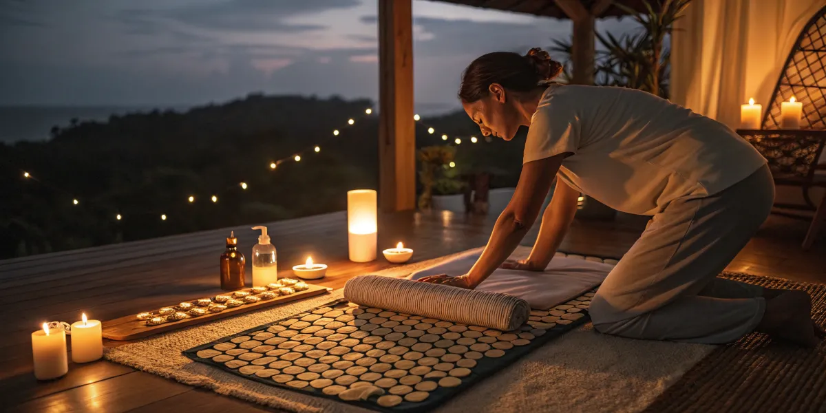 une personne utilisant un tapis d acupression dans