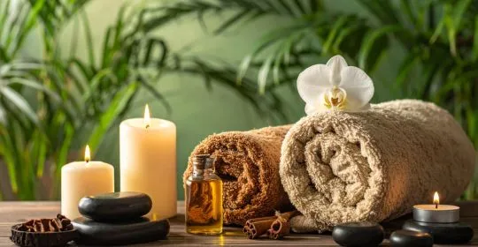 Ambiance spa ayurvédique Ayurcomfort - bougies, huiles et pierres pour massage relaxant