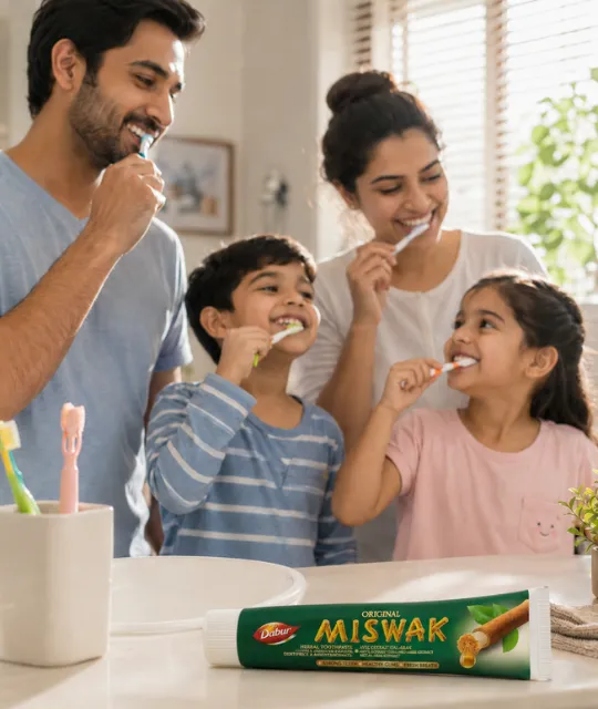 Famille utilisant le dentifrice Miswak ayurvédique Dabur - hygiène bucco-dentaire naturelle Ayurcomfort